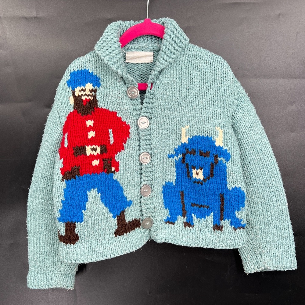 Vintage 80s 90s Paul Bunyan cardigan sweater handmade hand knit blue 4 5